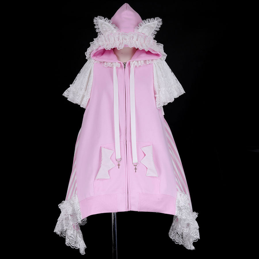 H&A CAT EARS FLARE SLEEVE DRESS PARKA(PINK x WHITE)