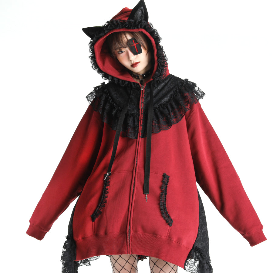 H&A CAT LACE EARS DRESS PARKA(RED x BLACK)