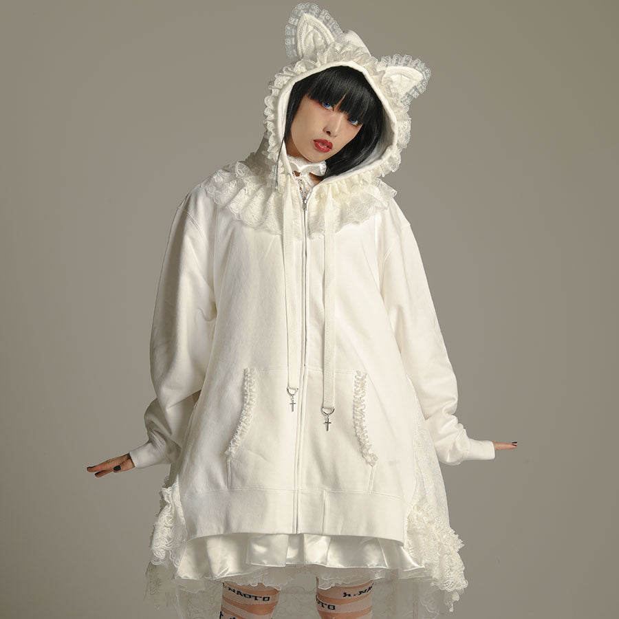 H&A CAT LACE EARS DRESS PARKA(WHITE x WHITE) – MAJOH