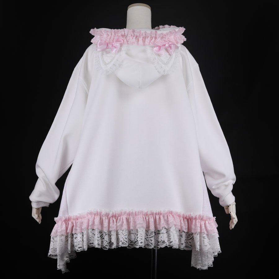 CAT EAR LACE UP PULL-OVER (WHITE x PINK)