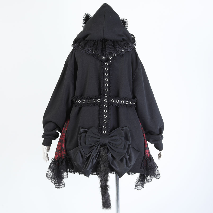 猫耳抓绒连衣裙派克大衣(黑 x 红)