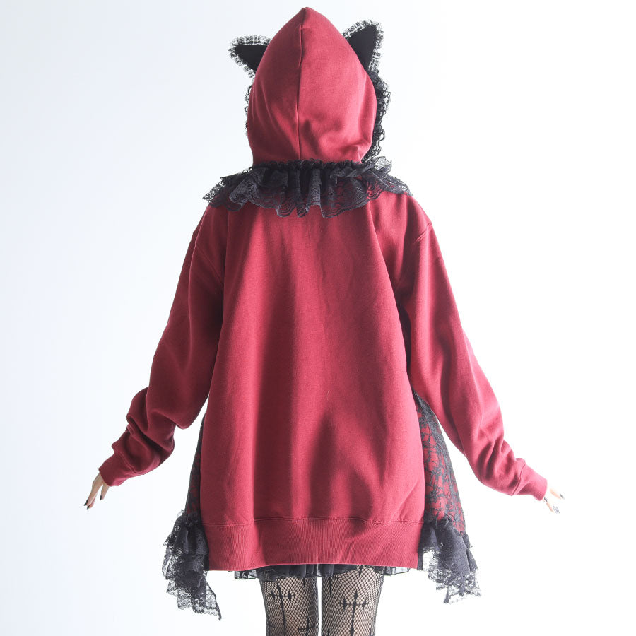 猫耳抓绒连衣裙派克大衣(红色)