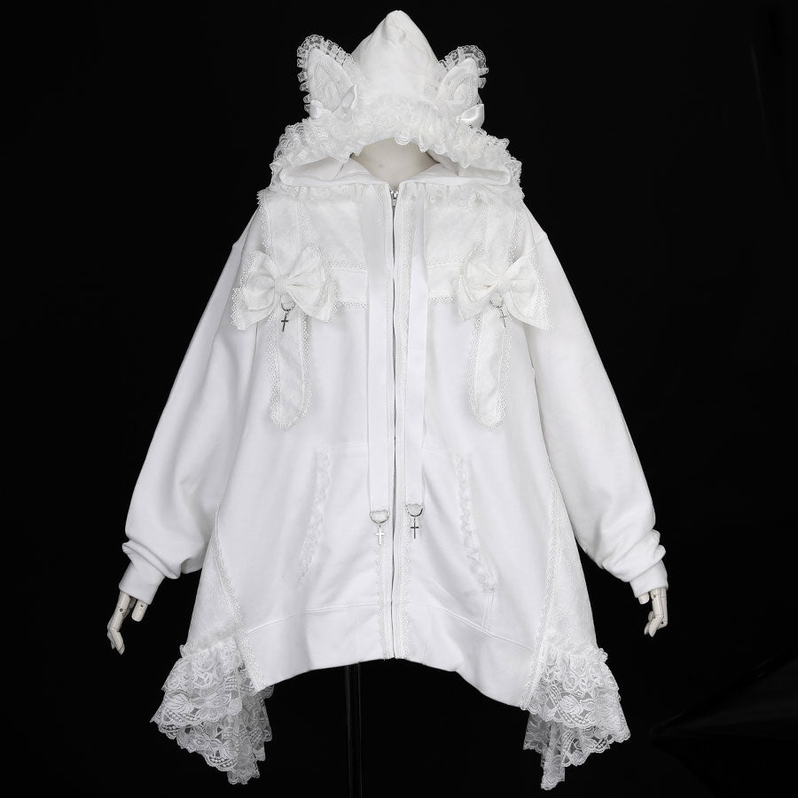 CAT EAR PRESENT RIBBON DRESS PARKA(WHITE)