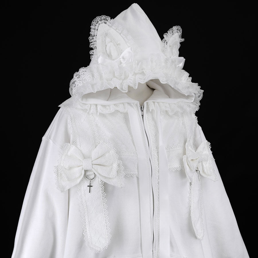 CAT EAR PRESENT RIBBON DRESS PARKA(WHITE)