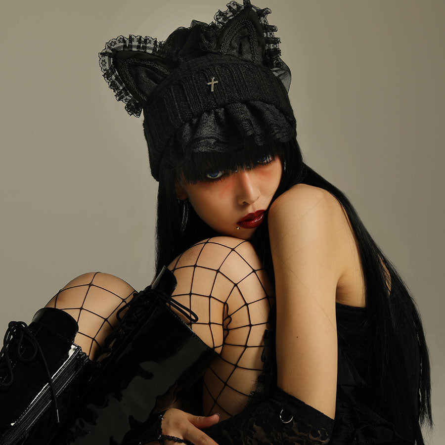 H&A猫耳朵交叉面纱针织豆豆(黑色)