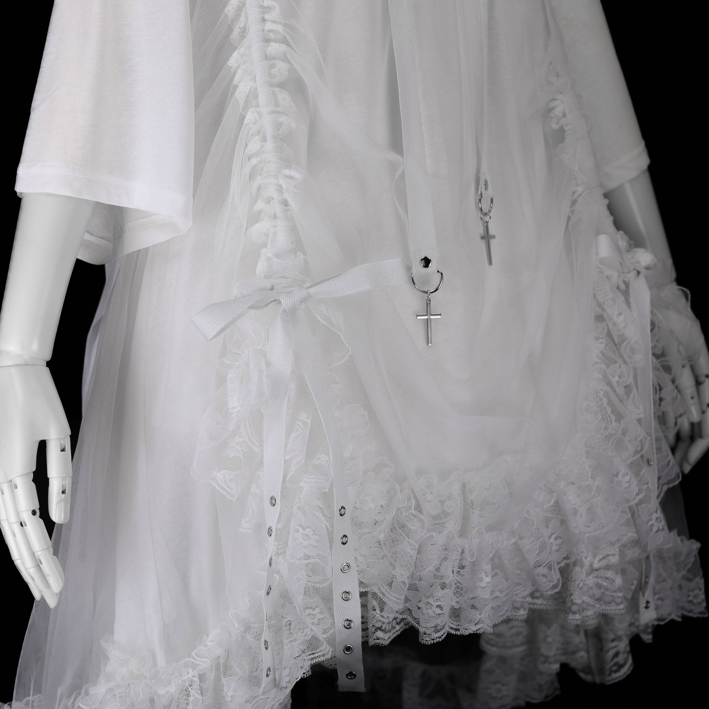 猫耳饰薄纱连衣裙(白色)