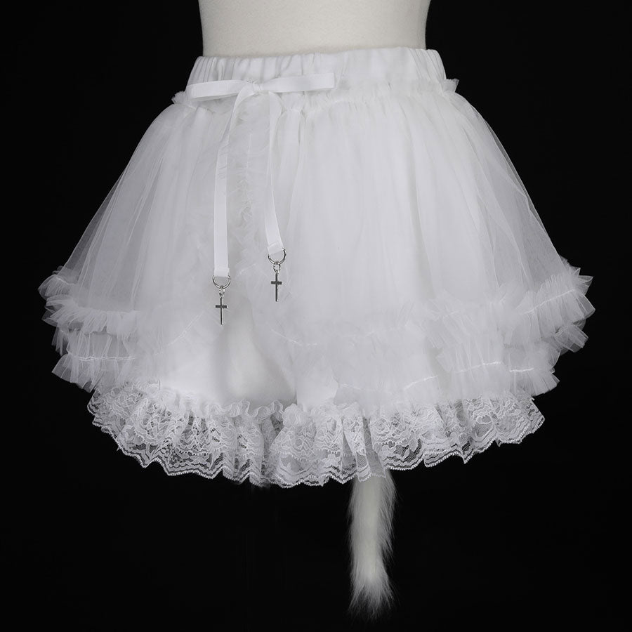 猫尾褶边迷你裤(白色)