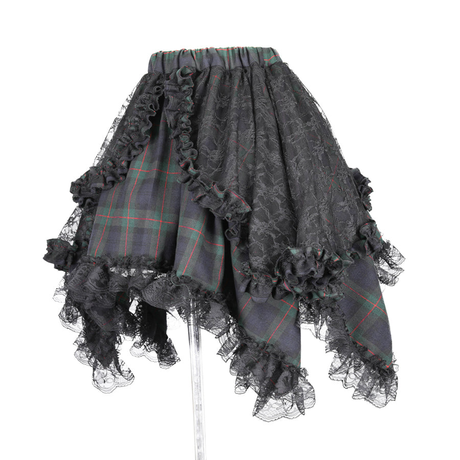 ANGRY 双丝带猫尾迷你裙(绿格纹)