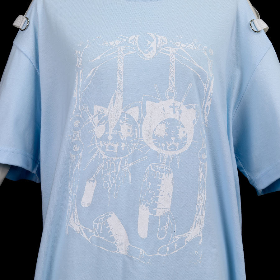 H&S Print&Side Cross Off Cross Off肩膀大T恤(蓝色X白色)