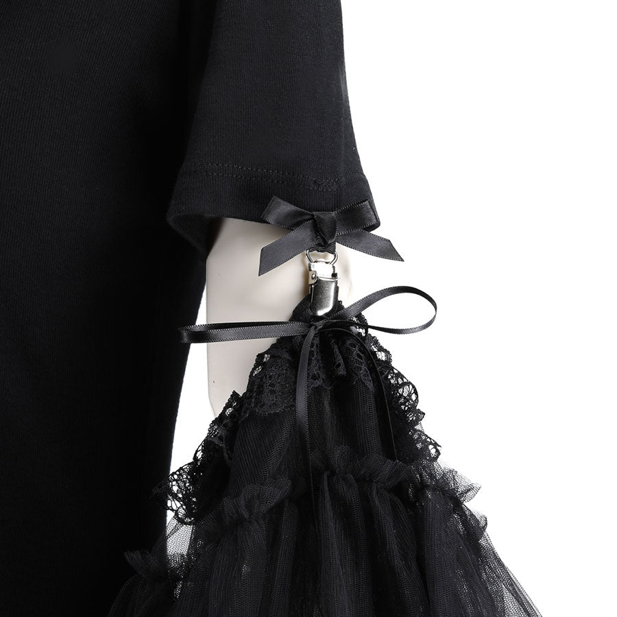 大袖系带薄纱上衣(黑色)