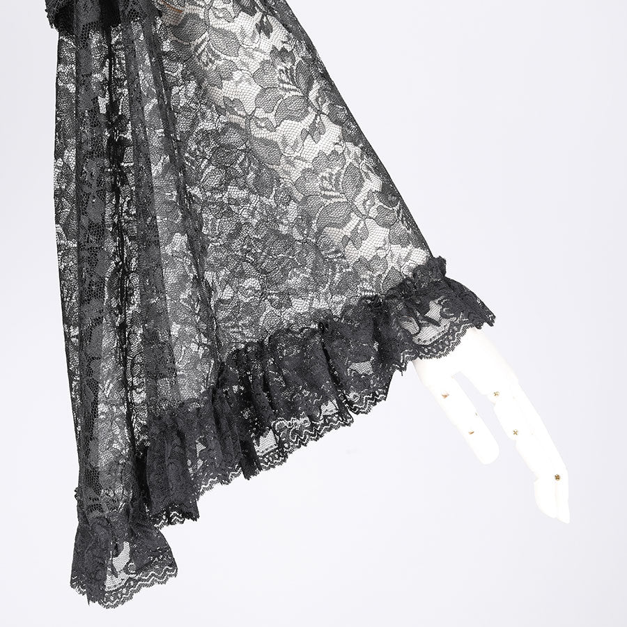 褶皱套圈开放的肩带袖袖切割和缝制(黑色)