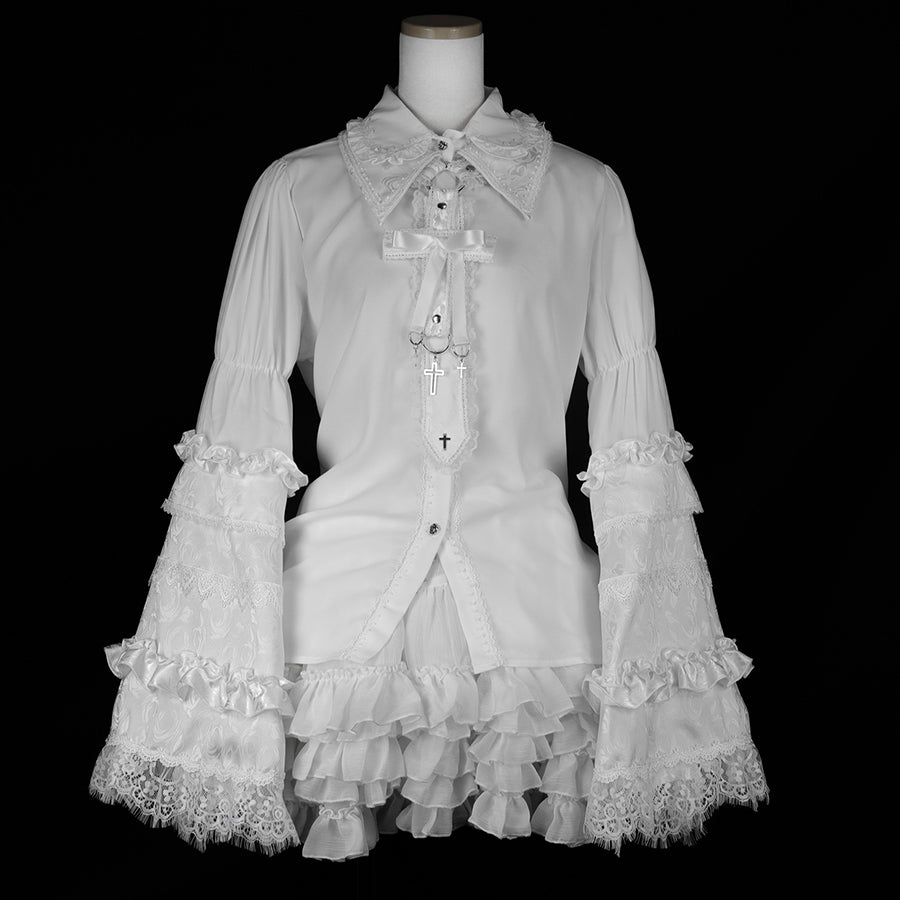 DOUBLE COLLAR PRINCESS SLEEVE BLOUSE (BLACK x WHITE)