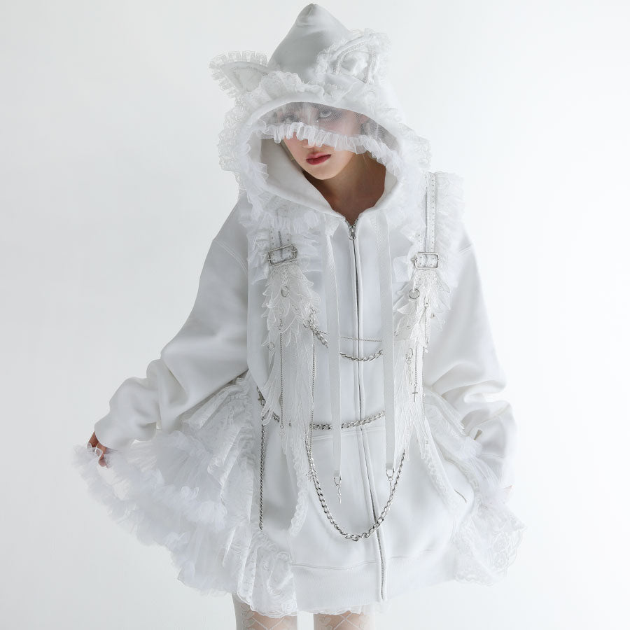 H&A 抓绒面纱荷叶边连衣裙派克大衣(白色)