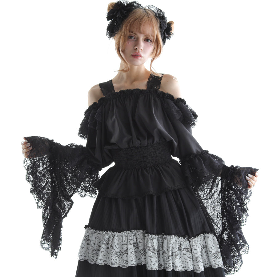 PRINCESS LACE SLEEVE OFF SHOULDER CUT & SEW (BLACK) MAJOH PRINCESS LACE SLEEVE OFF SHOULDER CUT & SEW (BLACK) MAJOH
