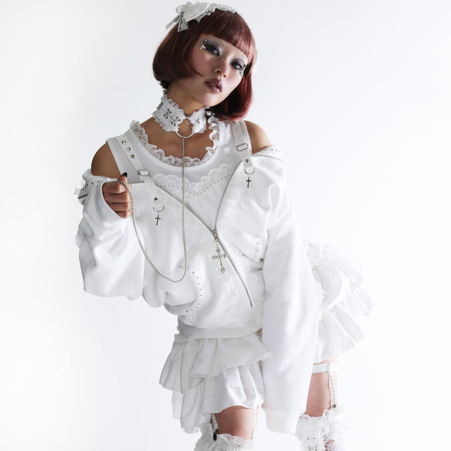 off shoulder heart dress 1 month pre-order] ENAMEL HEART OFF-SHOULDER HEART PARKA DRESS (WHITE –  MAJOH