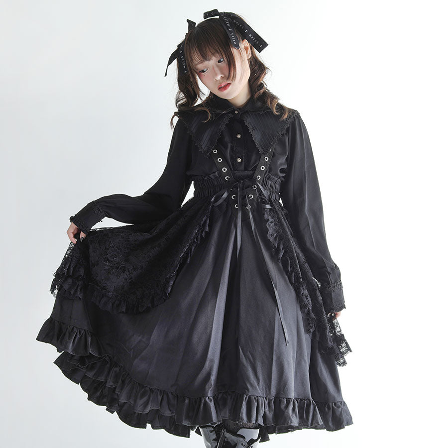 EYELET STRAPS LACE UP BABYDOLL DRESS(BLACK) MAJOH EYELET STRAPS LACE UP BABYDOLL DRESS(BLACK) MAJOH