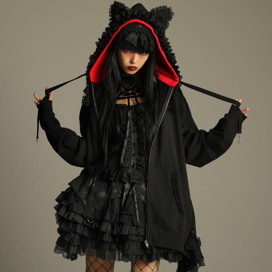 H&A CAT LACE EARS DRESS PARKA(BLACK x RED)