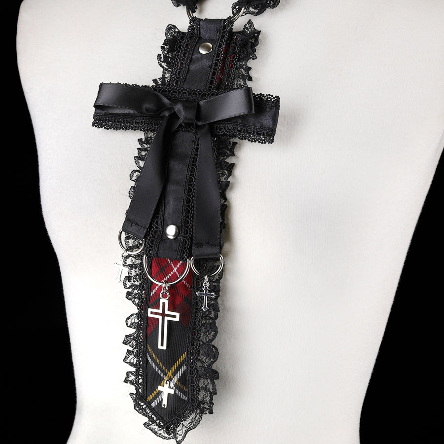 交叉丝带颈链(黑色 x 格纹-红色)