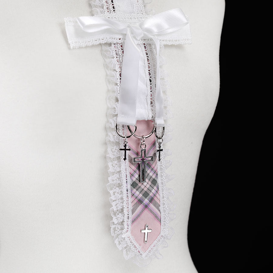 十字丝带颈链 (白色 x 粉色格纹)