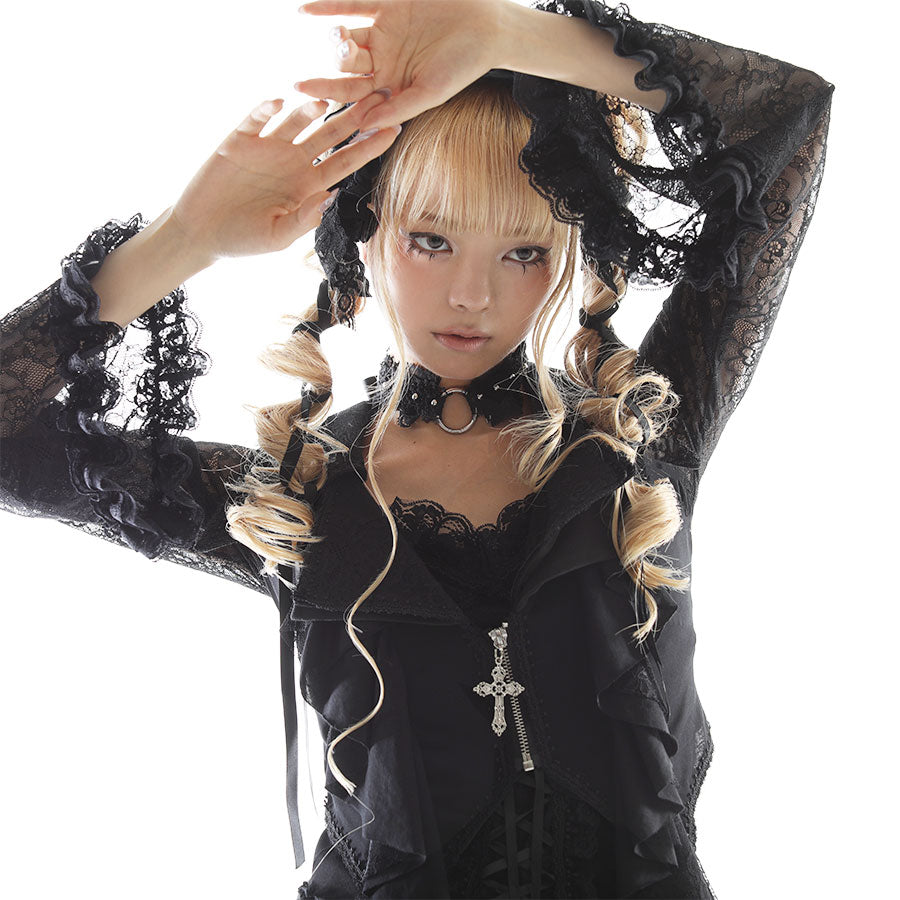 十字饰蕾丝荷叶边开衫(黑色)