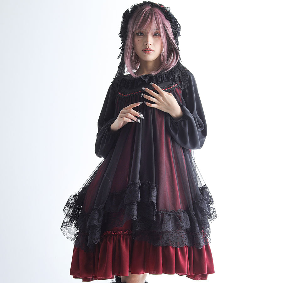 ANGEL WING COLLAR FRILL DRESS (BLACK x RED) – MAJOH