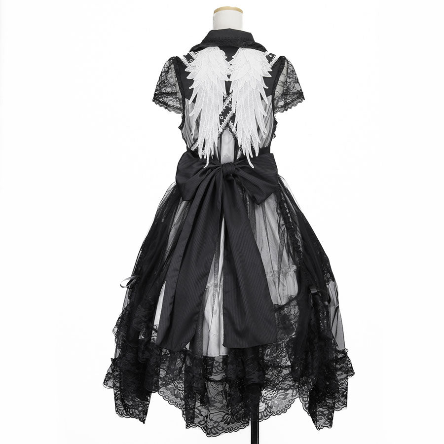 DOUBLE COLLAR CROSS JEWEL ANGEL WING DRESS (BLACK x WHITE)