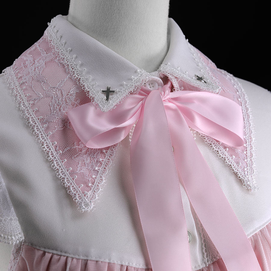 DOUBLE COLLAR CROSS JEWEL ANGEL WING DRESS (WHITE x PINK)