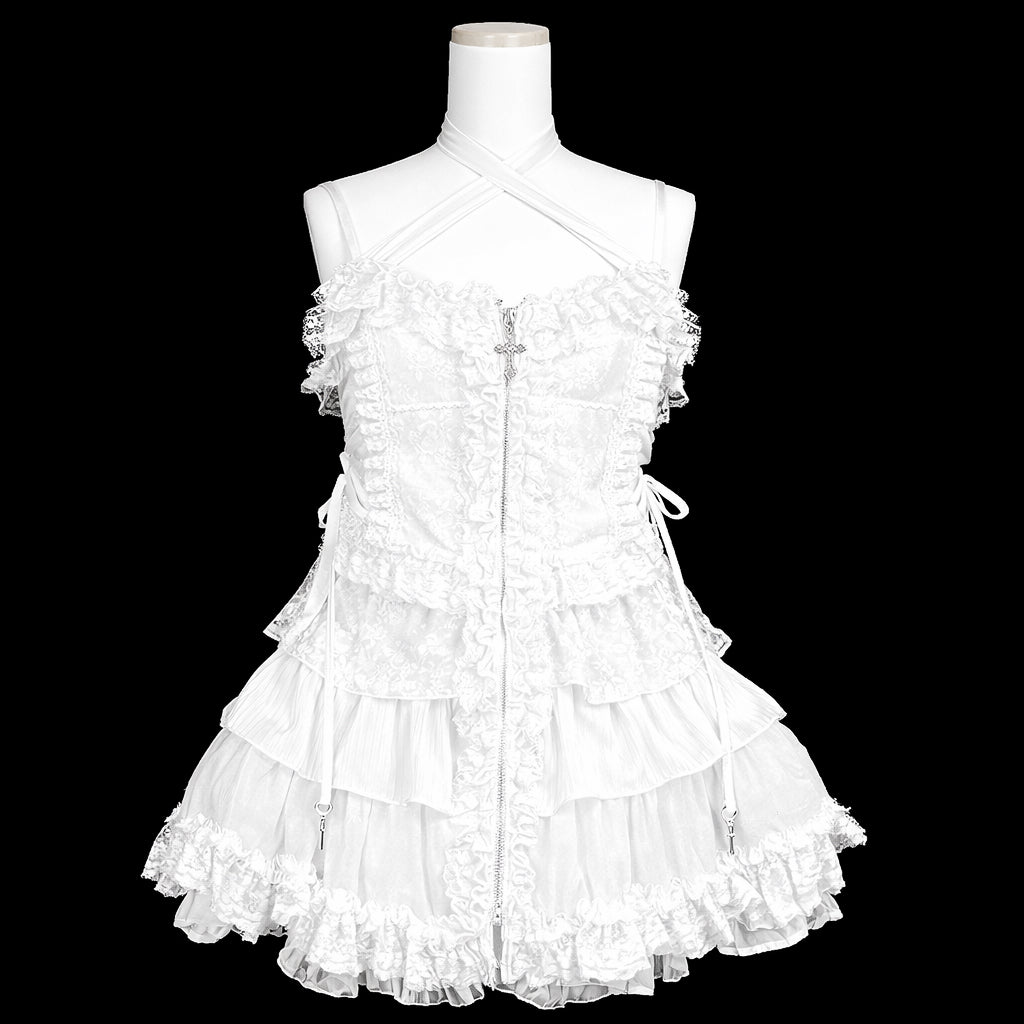 MINI CROSS ZIPPER HALTER NECK ONE PIECE (WHITE)