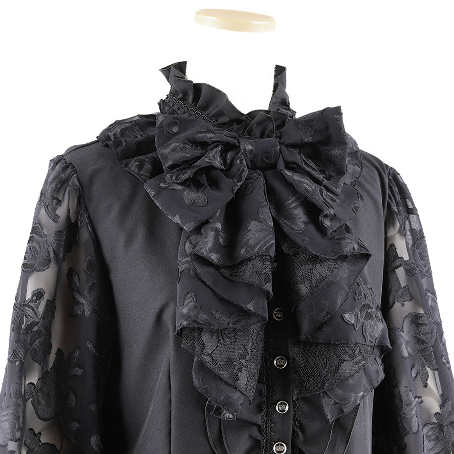 荷叶边丝带jabot上衣(黑色)