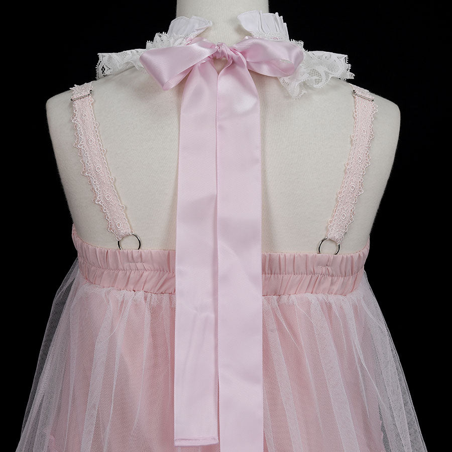DOUBLE NECK LACE-UP TULLE DRESS(PINK)