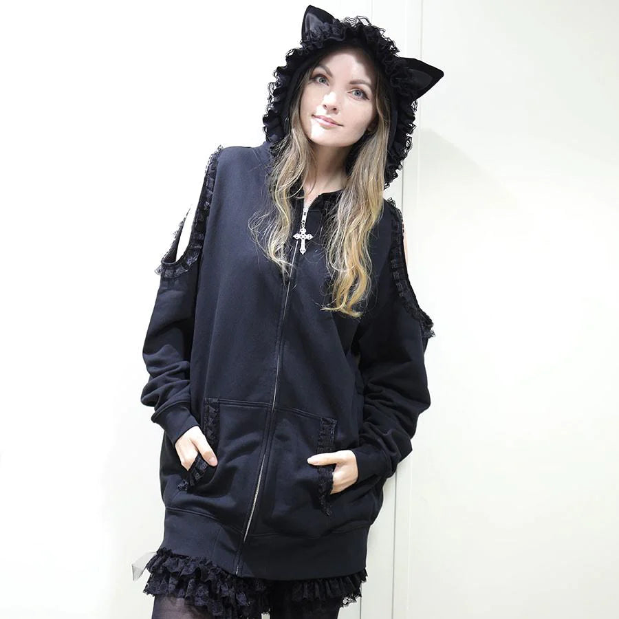 H&A猫耳朵后背拉链连帽衫(黑色X紫色蕾丝 - 横卷)