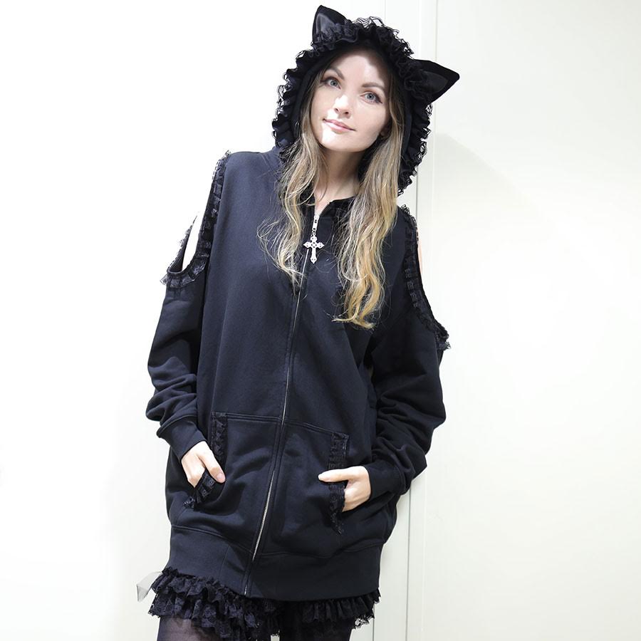 H&A猫耳朵后背拉链连帽衫(黑色X蓝色检查)