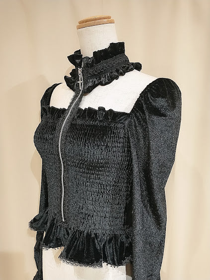 Choker Cross Zip Velor顶部(黑色)