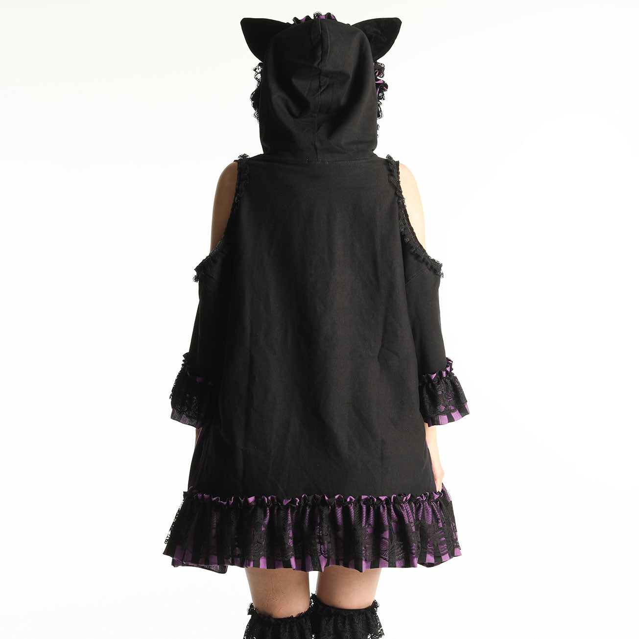 H&A OFF SHOULDER CAT EARS MINI DRESS(BLACK x PURPLE-STRIPE)