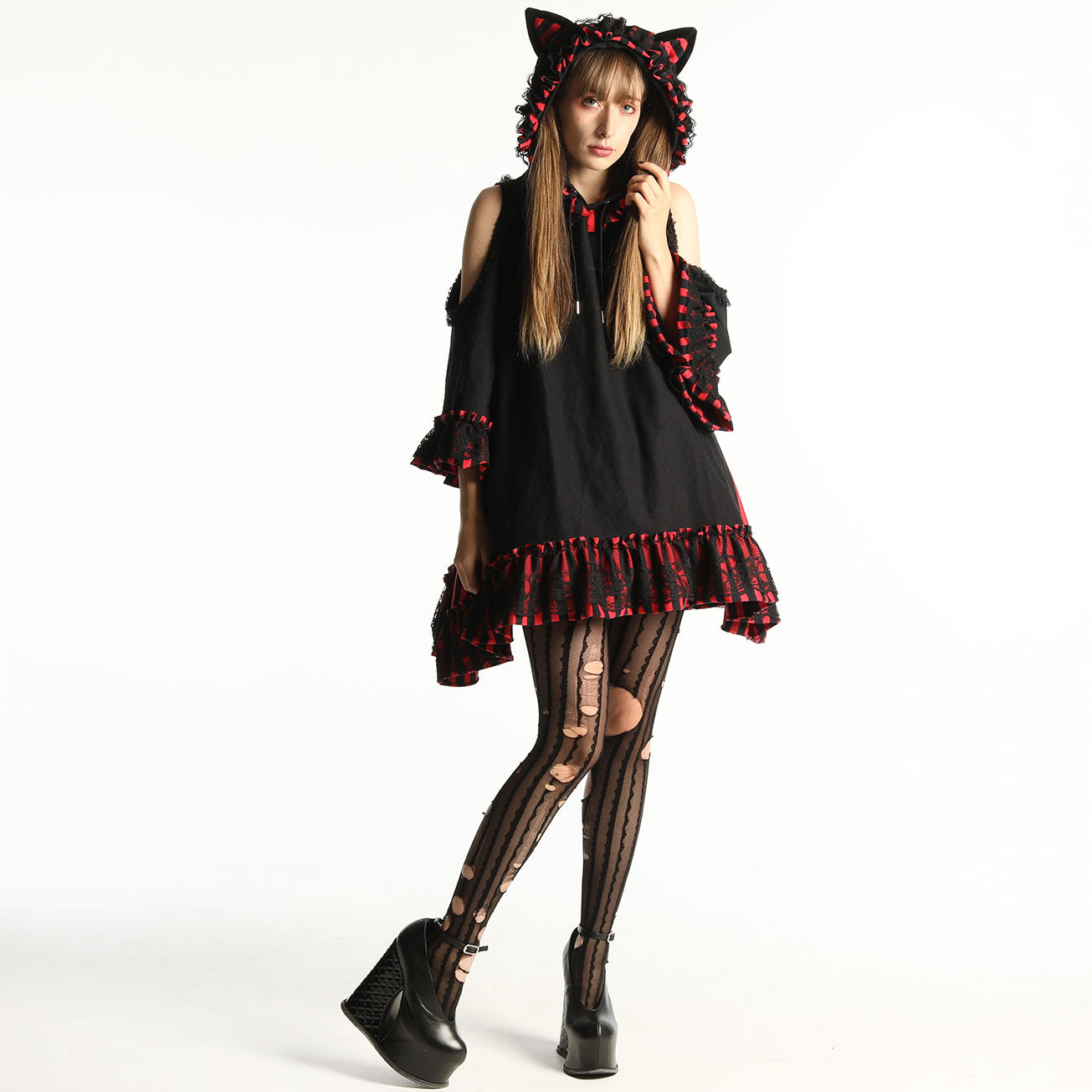 black dress with red stripe H&A OFF SHOULDER CAT EARS MINI DRESS(BLACK x RED-STRIPE) – MAJOH