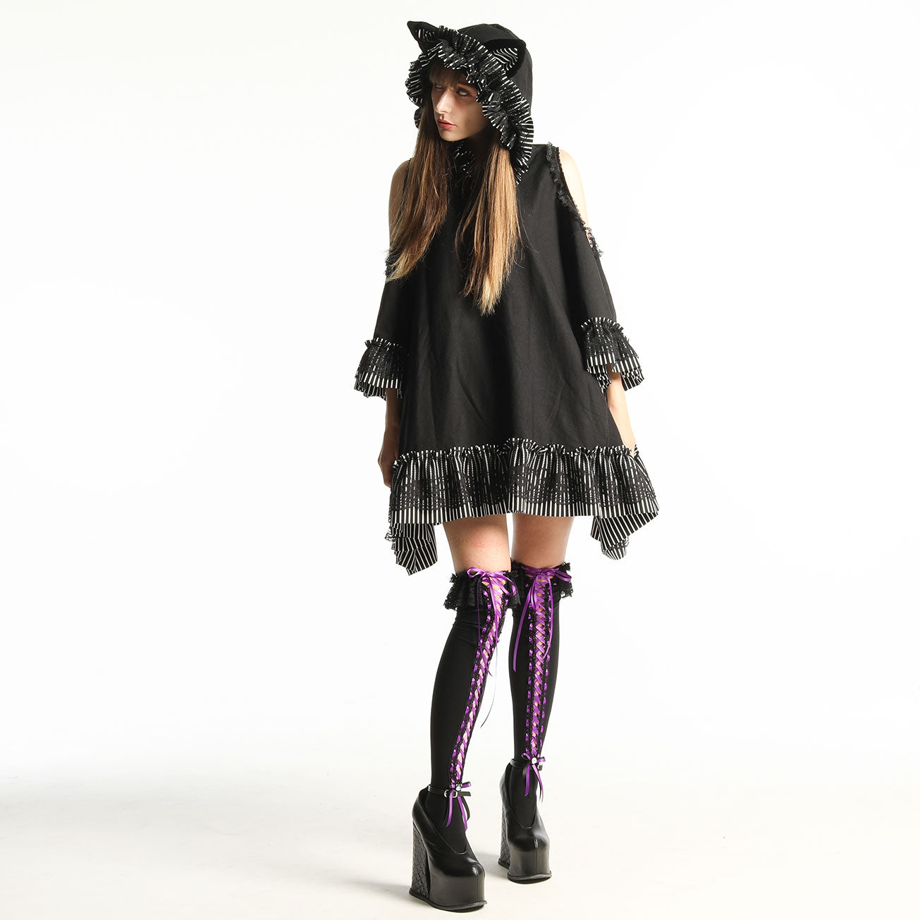 H&A OFF SHOULDER CAT EARS MINI DRESS(BLACK x WHITE-STRIPE)