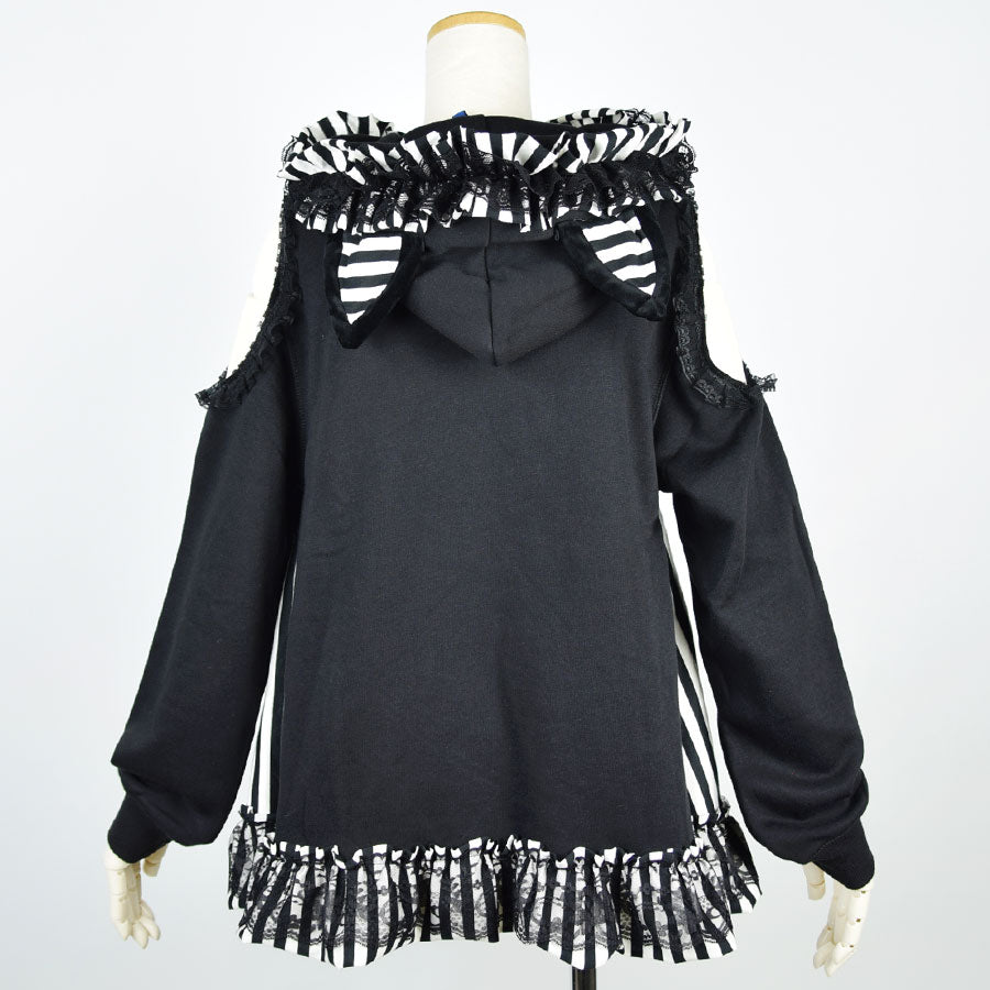 H&A猫耳朵脱离肩部条纹大衣(黑色X白色)