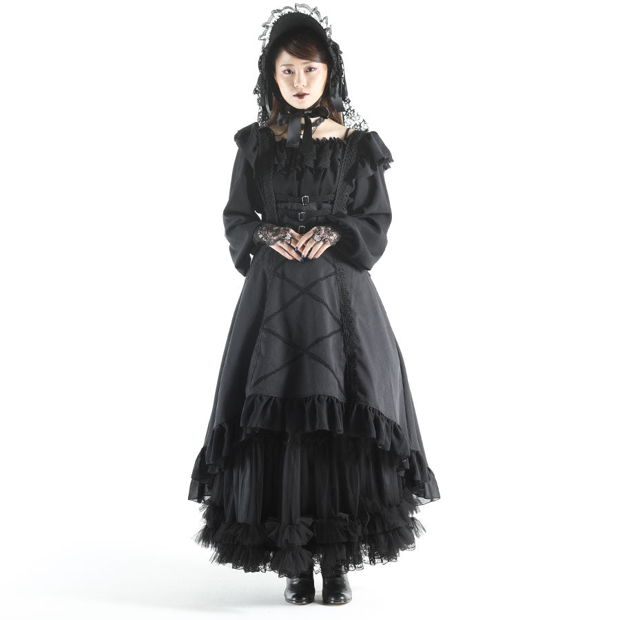 褶边花边与肩衬衫(黑色)