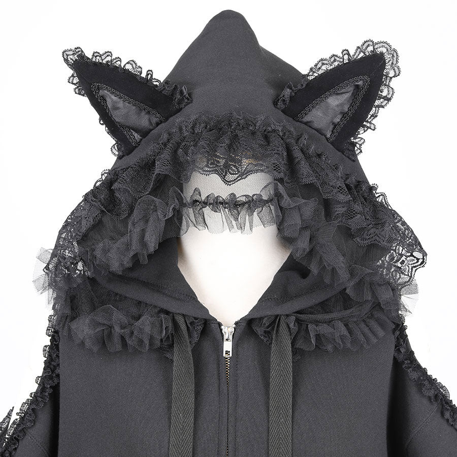 H&A VEIL猫耳开肩派克大衣(黑色)