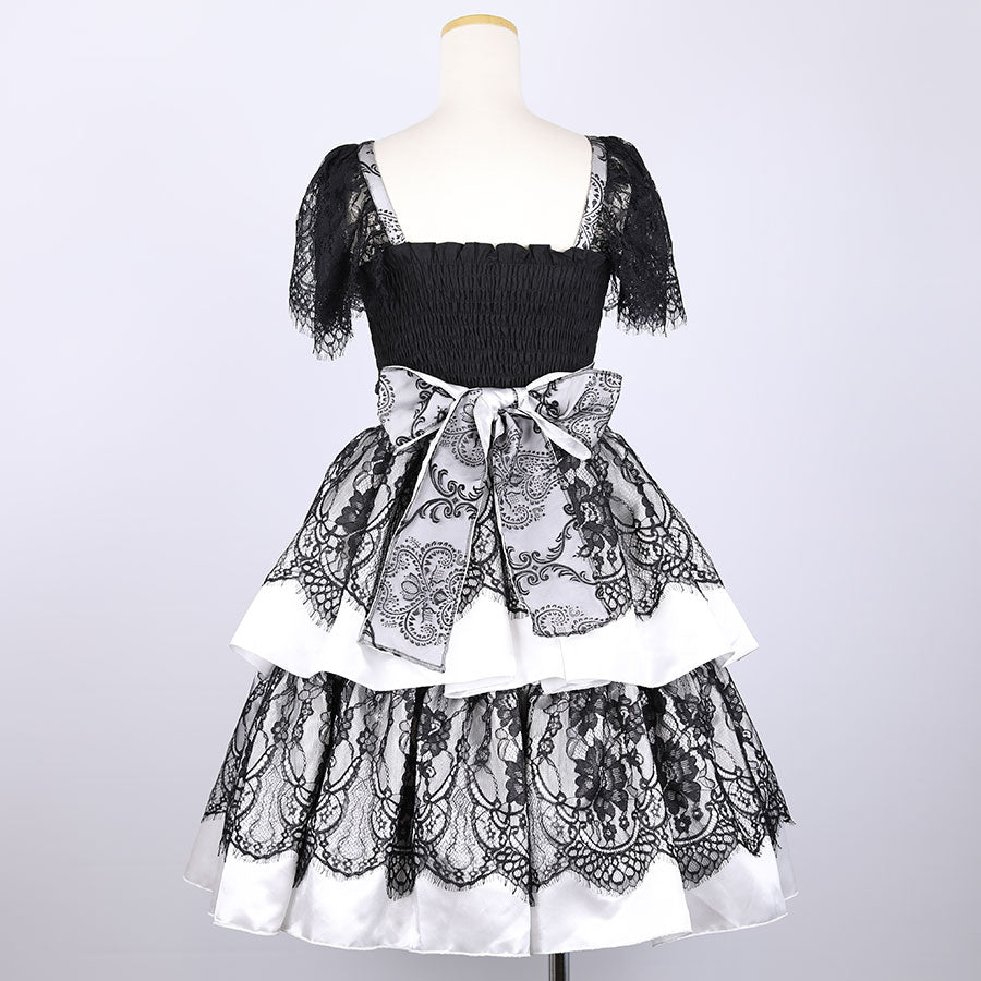 FRONT LACE-UP LACE ONE-PIECE(BLACK x WHITE)