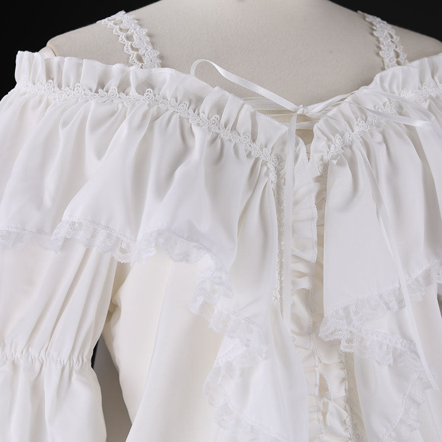 前蕾丝脱肩衬衫(白色)