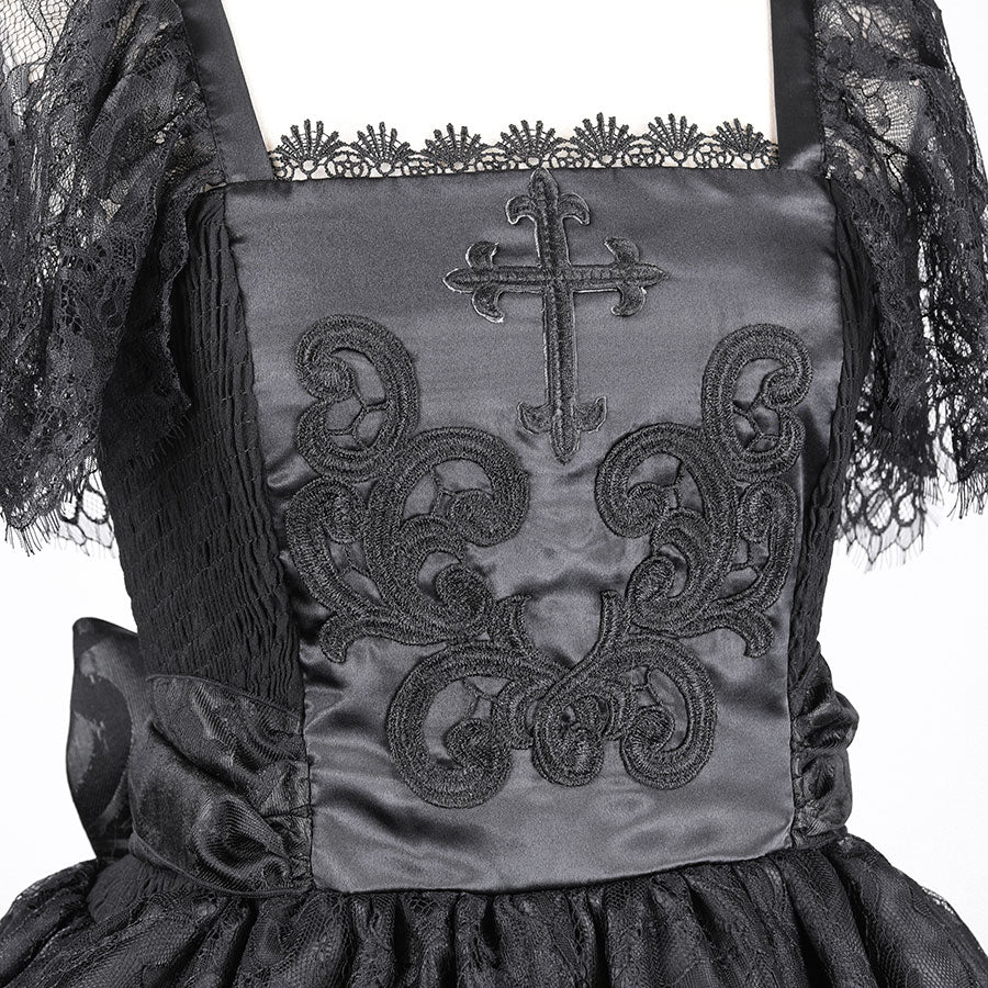 CROSS EMBROIDERY TIERED ONE-PIECE(BLACK)