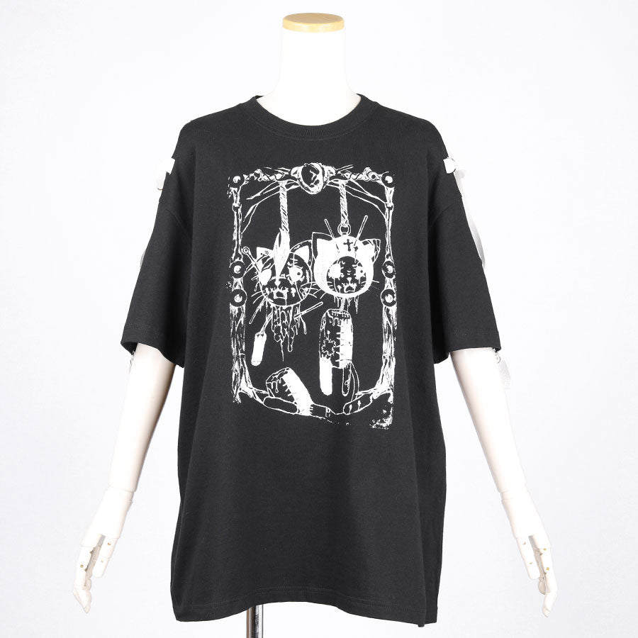 H & A Print & Side Cross Off Shoulder Big T-Shirt (Black x White)