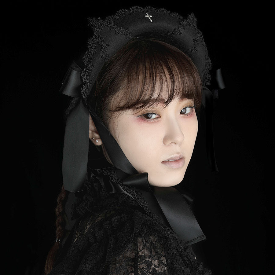 LADDER LACE CAT EARS MINI BONNET (BLACK)