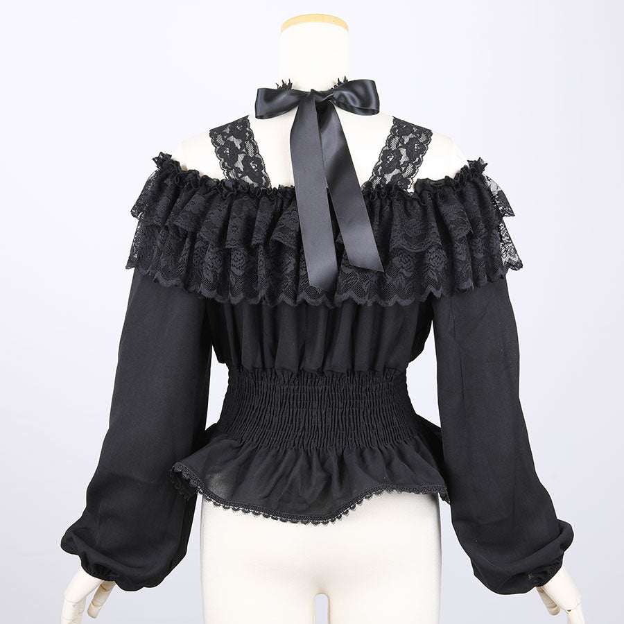 颈部花边花边脱衣衬衫(黑色)