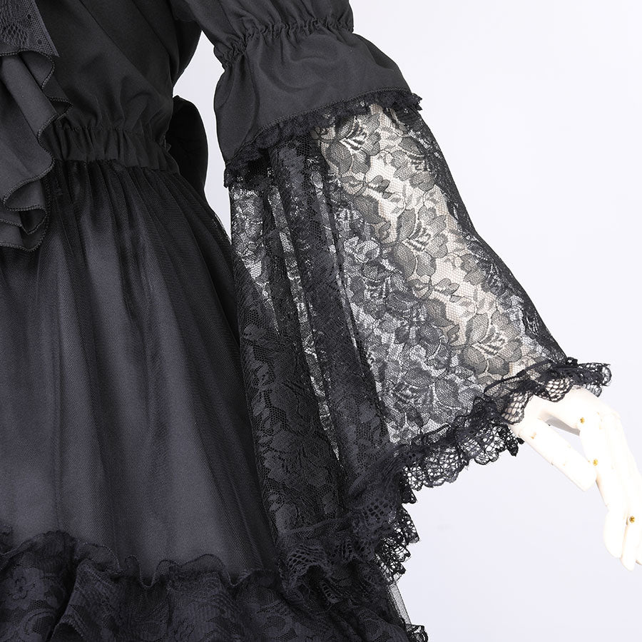 RIBBON BROOCH OFF SHOULDER DRESS(BLACK)