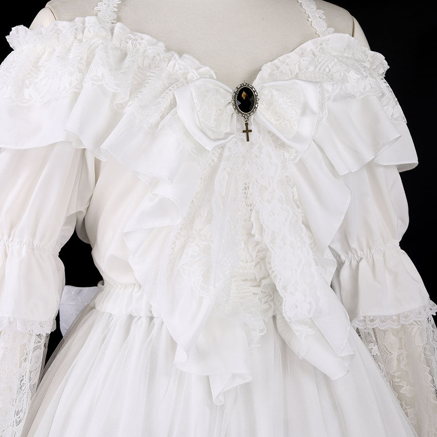 RIBBON BROOCH OFF SHOULDER DRESS(WHITE)