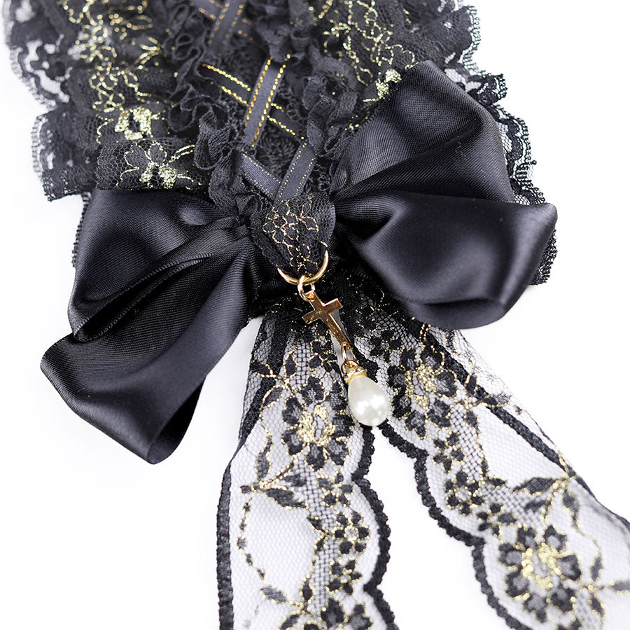 金色花边上丝带头连衣裙(黑色X金色)