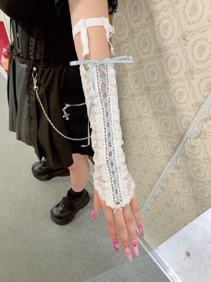 LACE-UP BONDAGE FINGERLESS GLOVES (WHITE × BLUE)
