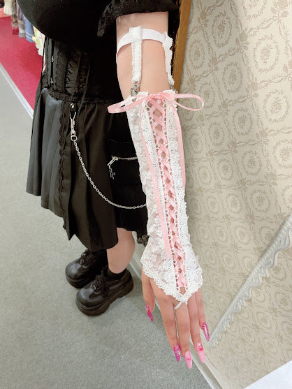 LACE-UP BONDAGE FINGERLESS GLOVES (PINK)